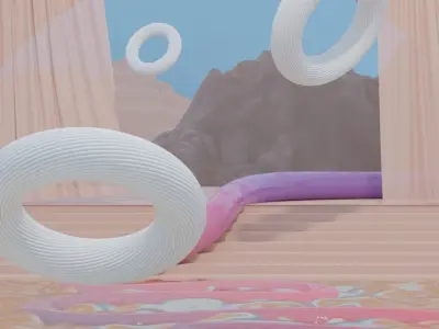 Abstract exterior stairs with look at the mountains and curtains 3D model