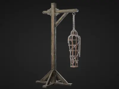 Gibbet wooden pole with basket hanging from it Low-poly 3D model