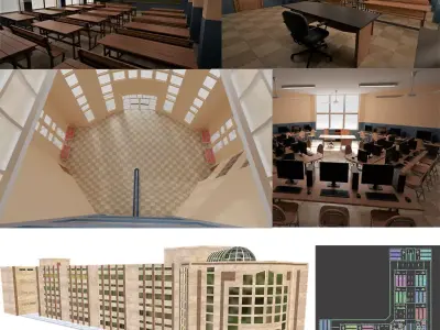 school building with interior rooms and Furnitures 3D model