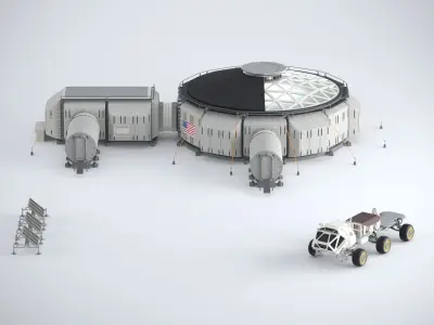 Martian base with rover and solar panels 3D model