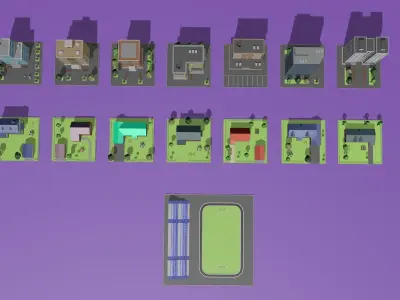 set of cartoon models of buildings Low-poly 3D model