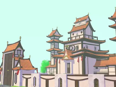 Japanese Anime castle low-poly 3d model unity package VR AR Low-poly 3D model