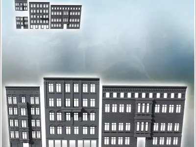 Set of three modern wall facades with bricks and bay windows 4 - 3D print model