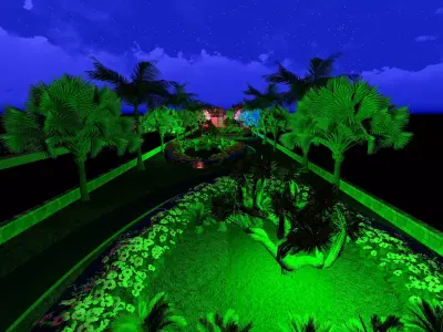 Landscape lit pathway with palm trees Low-poly 3D model
