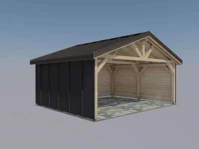 D Model Wooden Carport with Walls  Metal Sheet Roof 20st 3D model