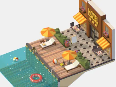 Relax Pool on Hotel Loungers Low-poly 3D model