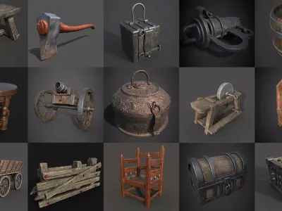 MEDIEVAL ENVIORNMENT HIGH QUALITY GAME ASSETS PACK 17 IN 1 Low-poly 3D model