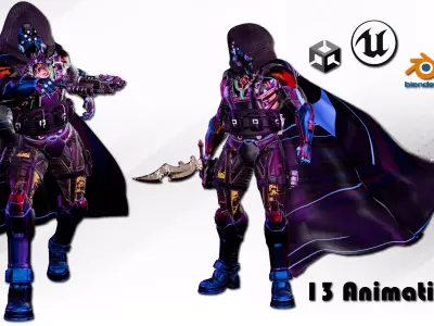 cyberpunk Sci-Fi Soldier with sword and gun Animated Low-poly 3D model