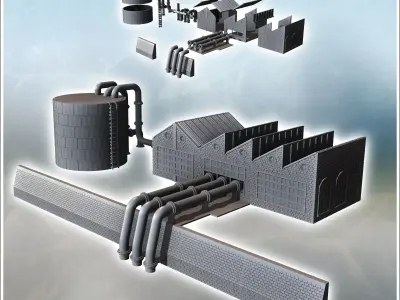 Industrial building with partial shed roof tanks and external pi 3D print model