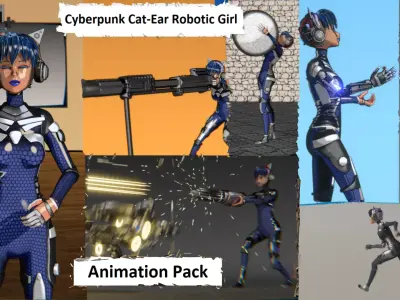 Cyberpunk Cat Ear Robotic Girl Animation Pack Low-poly 3D model