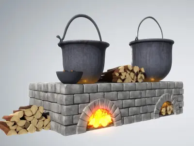 Fireplace Area with Pots and woods 3D model