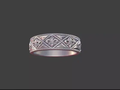 Fleur de Lis Band Ring with Geometric Triangles Silver Jewelry 3D print model