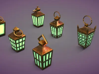 6 Hand Lanterns set Low-poly 3D model