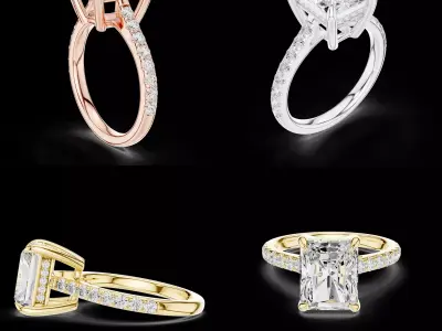 Radiant Cut Hidden Halo Engagement Ring CAD 3D print model