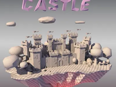 LOW POLY CASTLE  trees  stones  ground Low-poly 3D model
