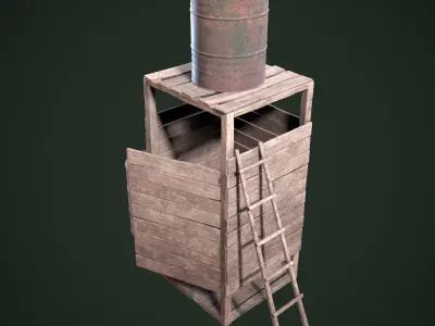 Shower wooden barrel and ladder Low-poly 3D model