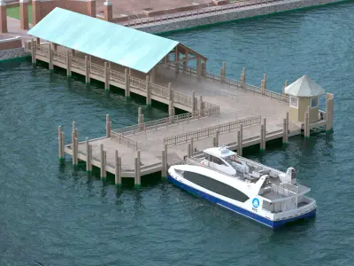  Dock Pier with NYC Ferry Boat on Water 