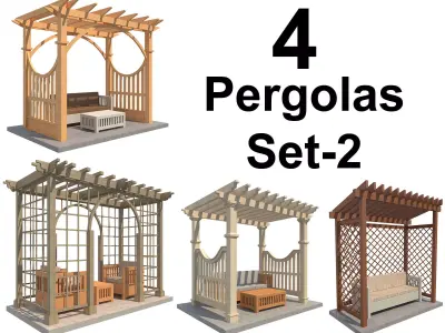 4 Pergolas Set 2 wooden pergola with arched roof Low-poly 3D model