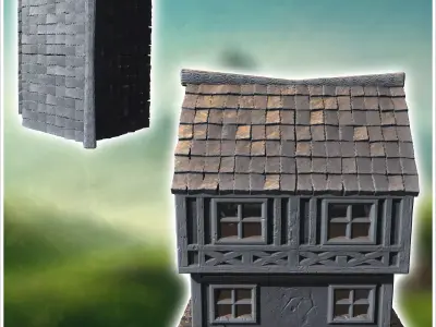 Two-story medieval house with timber framing small windows and c 3D print model