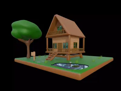 Stylized Wooden Cabin House with Tree and Pond Diorama Low-poly 3D model