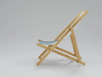 Wooden Folding Beach Chair with Blue and White Striped Seat 3D model