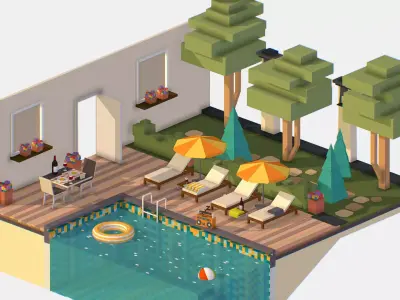 Relax by the pool on the sun loungers Low-poly 3D model