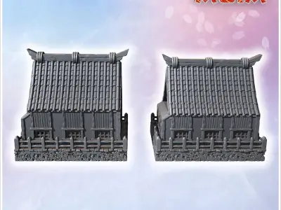Traditional Japanese houses with wooden railings steep tiled roo 3D print model