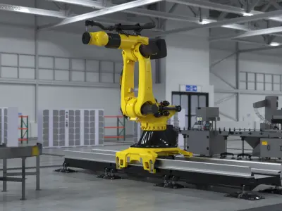  Robotic Arm Yellow on Rails Rigged for Cinema 4D 