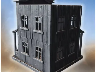 Wooden bank building with double doors fenced porch tiled awning 3D print model