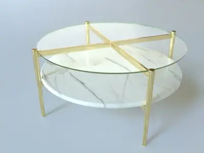 Coffee Table gold marble wood - Mid-Century Art Display Round  3D model