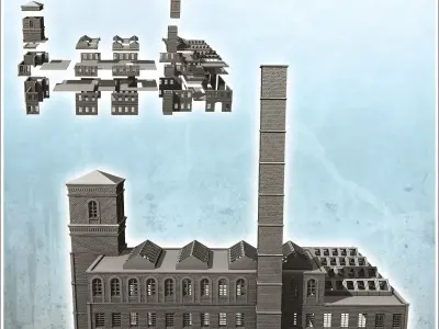 Large modern multi-storey brick industrial plant with chimney in 3D print model
