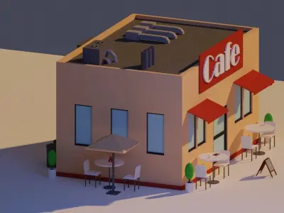 Low Poly Cafe building with tables and chairs Low-poly 3D model