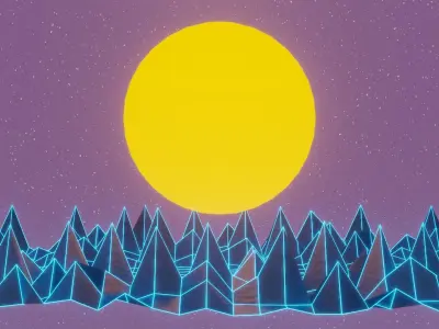 Cybermounts futuristic landscape with mountains and sun Low-poly 3D model