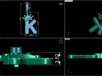 Crown Initial  K  Letter Pendant 3D print model
