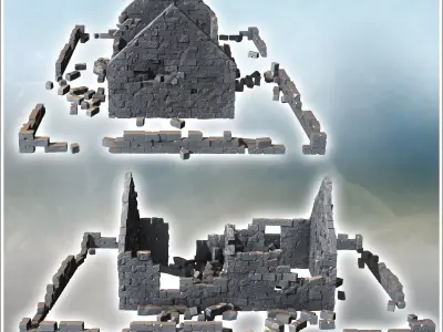 Stone house ruin with a central load-bearing wall and stone encl 3D print model