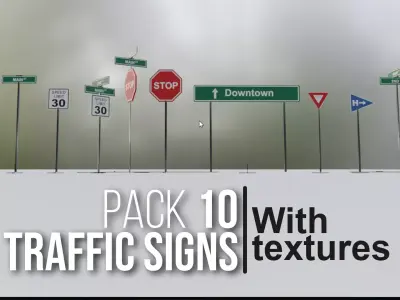Pack of 10 Traffic Signs models - PBR Textured Version in 4K Low-poly 3D model