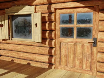 Small Log Cabin with Interior Fireplace Doors and Windows Low-poly 3D model