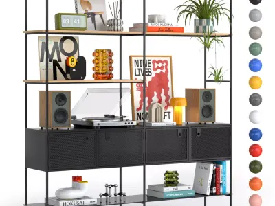 MOBA shelving  with mid-century decor and a vinyl turntable 3D model