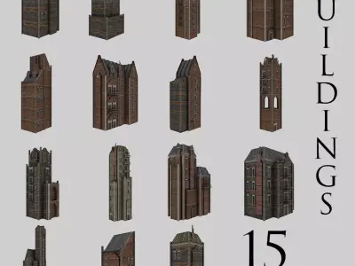 Urban Buildings Pack 15 pieces Low-poly 3D model