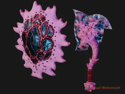 Coral Shield and Axe Low-poly 3D model