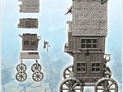 Fantasy medieval shop on four wooden wheels with sign and round  3D print model