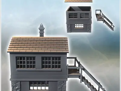 Modern building with access staircase to the first floor and cut 3D print model