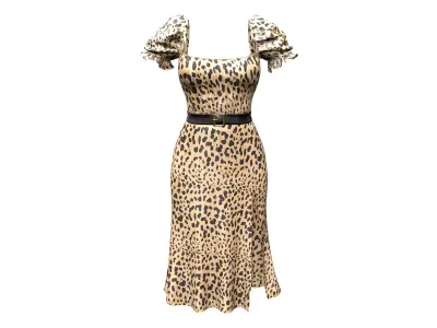 Puff Sleeved Belted Dress with Cutouts Low-poly 3D model