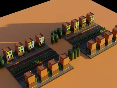 LowPoly Colony city with buildings and trees Low-poly 3D model