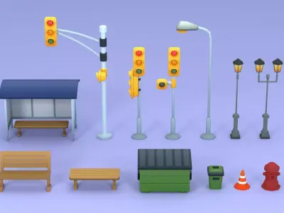 Cartoon Low Poly Street Props Pack Low-poly 3D model