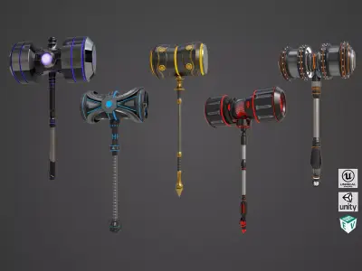5 Sci Fi Battle Hammers All PBR Unity UE Textures 3D Model Pack