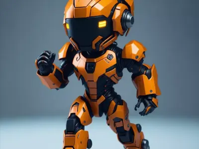 Orange Mech Robot 3D Model Glowing Eyes Chibi Design Low-poly 3D model