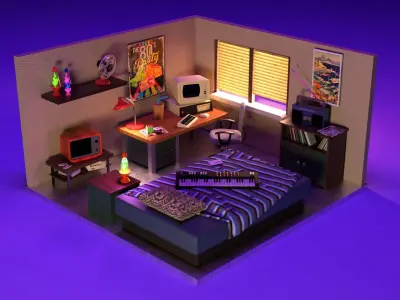 Low-Poly 90s Retro Game Room Low-poly 3D model