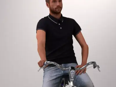 Pre-posed 3D man on a bike with realistic hair 3D model