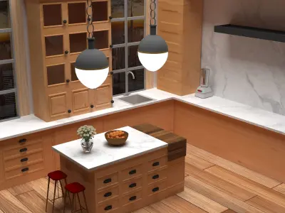 house kitchen with wooden floors and counter tops 3D model